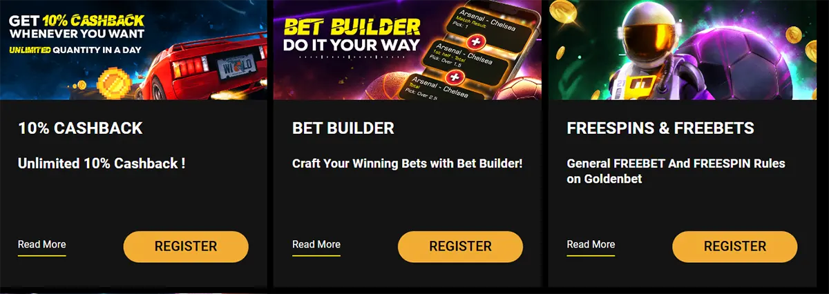 Casino promotions section displaying three offers: 10% cashback promotion, Bet Builder feature for custom bets, and general free spins and free bets rules, each with “Read More” and “Register” buttons on a dark-themed background.