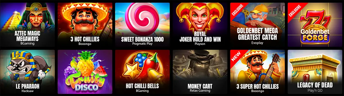 Casino game grid displaying various slot titles including Aztec Magic Megaways, 3 Hot Chillies, Sweet Bonanza 1000, Joker Hold and Win, Goldenbet Mega Greatest Catch, Goldenbet Forge, Le Pharaoh, Fruity Disco, Hot Chilli Bells, Money Cart, 3 Super Hot Chillies, and Legacy of Dead, each with colorful thumbnails on a dark background.