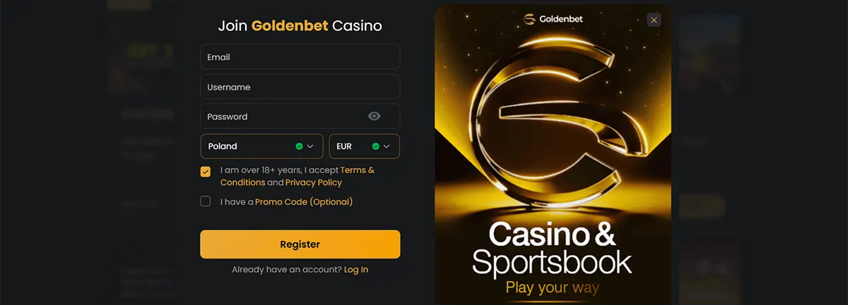 Goldenbet Casino registration form with fields for email, username, password, country and currency selection, plus consent checkboxes and a “Register” button, alongside a gold-themed banner with a large “G” logo and “Casino & Sportsbook – Play your way” on a dark background.